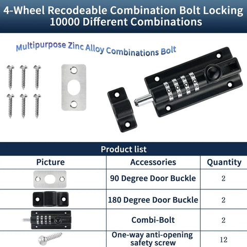 Two Pack Thickened Zinc Alloy Combination Barrel Bolt With Password Setting, 4.8 Inch, black, accessories and screws included.