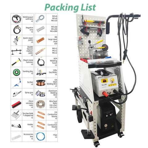 Two In One Aluminum Dent Pulling And Spot Welding Machine For Auto Body Repair 220V Inverter Pulse Gas Shielded Welder With M3 To M6 Studs Digital Control Durable Cart Included with components displayed