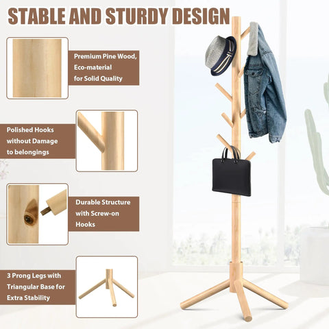 Wooden Coat Rack Stand With Eight Hooks Made From New Zealand Pine Three Section Adjustable Height Easy Assembly Coat Tree