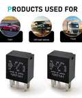 Heavy Duty 12V 5 Pin 30A Automotive Fuel Pump Relay Two Piece Set with clear pin layout and usage icons for cars, trucks, and off-road vehicles.
