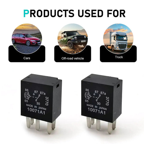 Heavy Duty 12V 5 Pin 30A Automotive Fuel Pump Relay Two Piece Set with clear pin layout and usage icons for cars, trucks, and off-road vehicles.