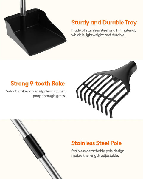 Long Reach Dog Pooper Scooper With Rake And Tray No Bending Cleanup For Medium And Small Dogs Steel Tray 9-Tooth Rake