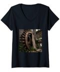 Women's Industrial Gear Ruin Factory Machinery V-Neck T-Shirt In Classic Black Fit With Double Needle Hem and lightweight fabric with an industrial design.