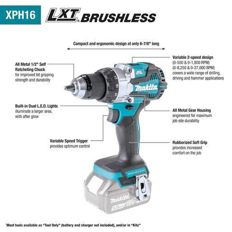 18V LXT Brushless Compact Hammer Drill Driver One Half Inch Cordless Tool Only, 970 Inch Pounds Max Torque, Longer Run Time Per Charge, Built For Pros And DIYers