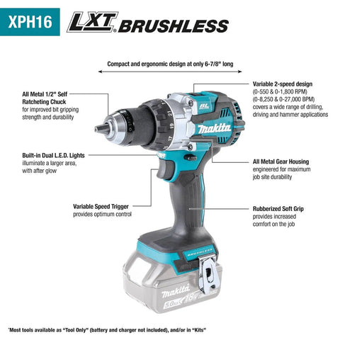 18V LXT Brushless Cordless Hammer Drill And Impact Driver 2 Piece Combo Kit With 5.0Ah Batteries with variable speed and LED.