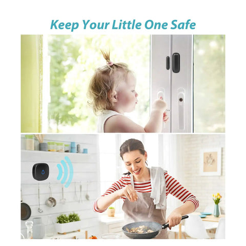 Wireless Door Chime System With Door Open Contact Sensor Alarm, 500 Ft Range, 58 Chimes And 5 Volume Levels, Ideal For Home Office Or Storefront, No-Fuss Install, 1 Transmitter And 2 Plug-In Receivers, Black installed on a door and wall