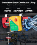 880lbs Electric Hoist With Wireless Remote Control shown in a garage, featuring 850W power, 2800 RPM, 110V operation.