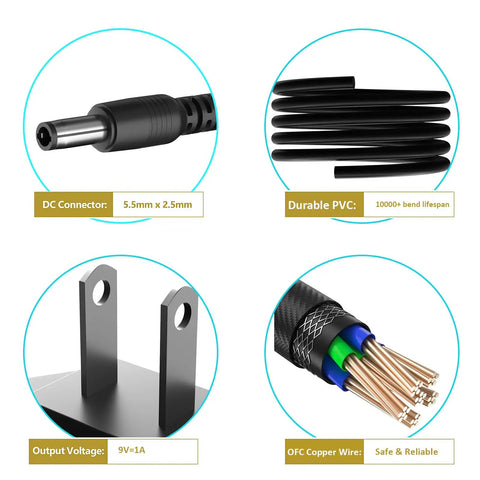 Image showing details of 9V AC Power Adapter Cord for Home Gym Elliptical and Upright Bikes 10ft Replacement Cable, featuring connectors and PVC material.