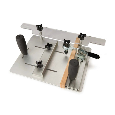 Router Table Coping Sled Kit With Sacrificial Backing Board includes adjustable fence and toggle clamp for precise coping cuts.