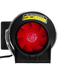 Close-up of a powerful 3 inch duct fan with speed controller, 200 cubic meters per hour airflow, featuring red blades for ventilation use