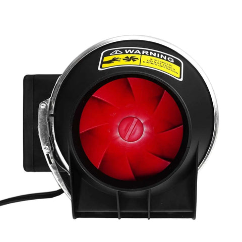 Close-up of a powerful 3 inch duct fan with speed controller, 200 cubic meters per hour airflow, featuring red blades for ventilation use