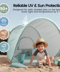 Child playing in a Pop Up Baby Beach Tent with UV Protection, lightweight shelter with built-in sand pockets for stable anchoring.