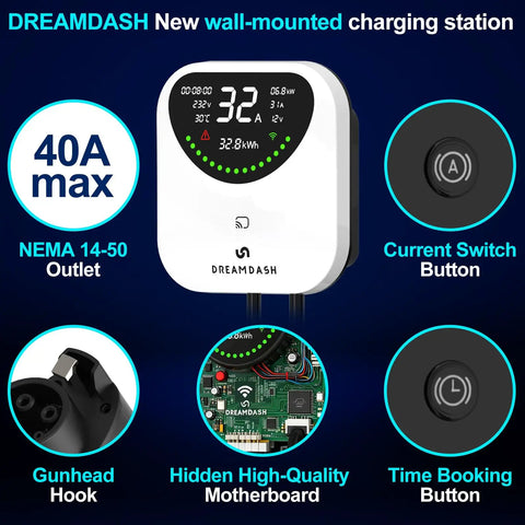 Level 2 EV Charger With WiFi App Control and RFID Start 48A Fast Wall Mounted Station 25 ft J1772 Cable NEMA 14-50P Plug