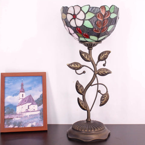 Small Tiffany Stained Glass Table Lamp With Uplight Accent, Brown Grape Style Desk Light On Metal Leaf Base, 18.9 Inch Tall