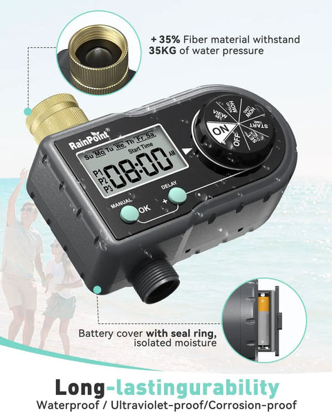 Three Program Garden Hose Sprinkler Timer With Brass Inlet Rugged Weatherproof Water Controller For Automatic Irrigation Of Lawn And Yard 1 Outlet System with digital display and dial.