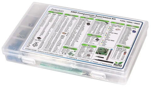 Ultimate SMD Components Assortment Kit With 1206 0805 0603 Resistors Capacitors Diodes in clear plastic case.