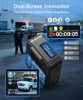Close-up of F2 128GB Dual Screen Body Camera With GPS 2K Video And 40MP Photos in use by security officer, urban setting