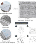 Infographic showing Grey Faux Brick Peel And Stick Wallpaper Roll 17.7 By 472 Inches Self Adhesive Vinyl Film features and installation steps.