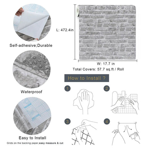 Infographic showing Grey Faux Brick Peel And Stick Wallpaper Roll 17.7 By 472 Inches Self Adhesive Vinyl Film features and installation steps.