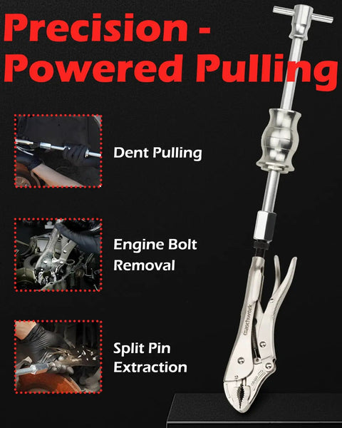 Heavy Duty Locking Pliers And Nine Point Eight Inch Slide Hammer Combo With Quick Release Swivel Connector demonstrated in use.