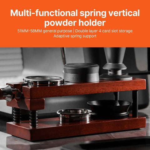 Keep Your Shot Prep Crisp With This Solid Tiered Espresso Tamper Station And Knock Box Organizer Universal 51 To 58 Millimeter Portafilter Holder Natural Wood Coffee Bar Organizer Setup with adaptive spring support.
