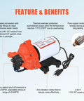 110V Electric Water Pressure Pump 4.0 GPM 50PSI Self Priming Diaphragm Booster features thermal overload protection and copper motor.