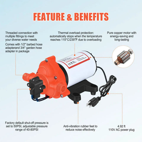 110V Electric Water Pressure Pump 4.0 GPM 50PSI Self Priming Diaphragm Booster features thermal overload protection and copper motor.