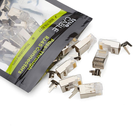 Cat6 Cat6A RJ45 Pass Through Modular Plugs Shielded STP Ground Connector UL Listed EZ Crimp Gold Plated 3 Prong 8P8C 10 Pack