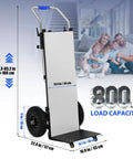 Heavy Duty 1200W Electric Stair Climber Trolley with 800lbs capacity, stainless steel deck and measurements for ease of use.