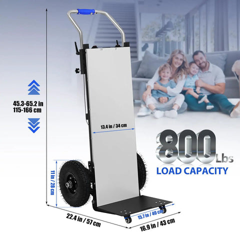 Heavy Duty 1200W Electric Stair Climber Trolley with 800lbs capacity, stainless steel deck and measurements for ease of use.