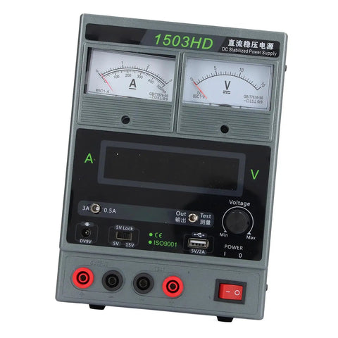 Heavy Duty Variable DC Power Supply 15V 3A Regulated Stabilized With Dual Display And USB Charging Port US Plug Ideal For Electronics Repair And Prototyping Fast Protection Against Short Circuit And Overcurrent With Automatic Recovery front view
