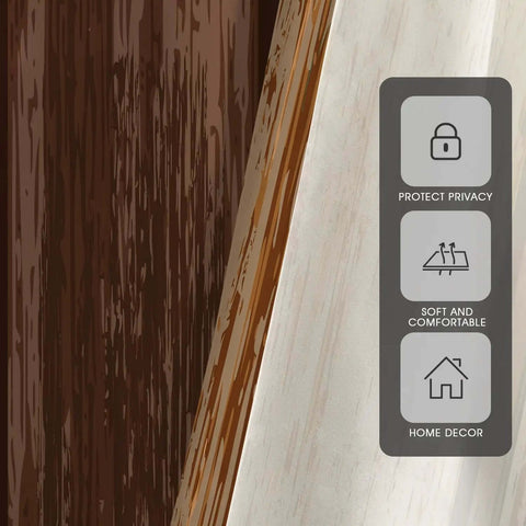 Close-up of Brown Western Curtains Two Panel Set 42 Inch Wide by 63 Inch Long Dark Rustic Wood Grain Drape showing texture and benefits icons.