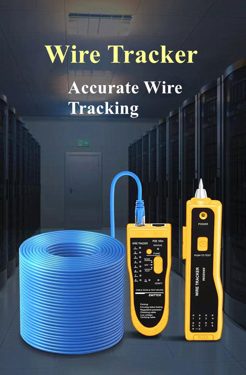Wire Tracker tool with cable in a server room, part of Pass Through RJ45 Crimp Tool Kit For Network Installations With Wire Tracker 110 88 Punchdown Tool Cat6 Cat5e Cat5 Crimping Tool And Wire Stripper In Sturdy Carrying Case.