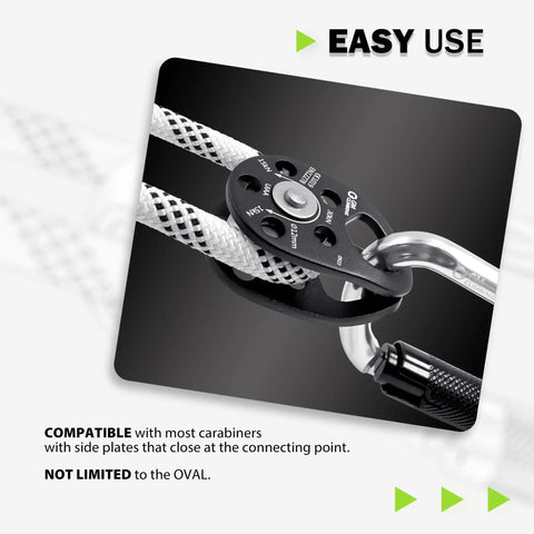 Slack Tending Pulley Kit For Doubled Rope Climbing DDRT System with oval carabiner and rope in use, micro pulley detail