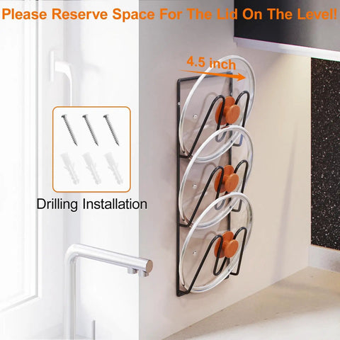 Two Pack Pot Lid Organizer Rack For Cabinet Door And Wall Mounts, Six Tier Lids Holder, Rustproof No Drill Adhesive Install, installed view
