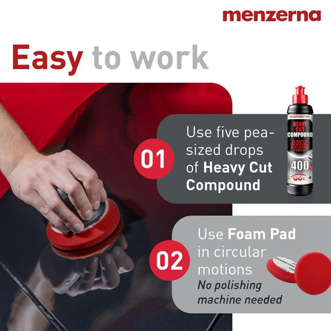 Scratch and Swirl Remover Kit Car Polishing Set With Heavy Cut 400 8oz in use, red pad applying compound on car surface.