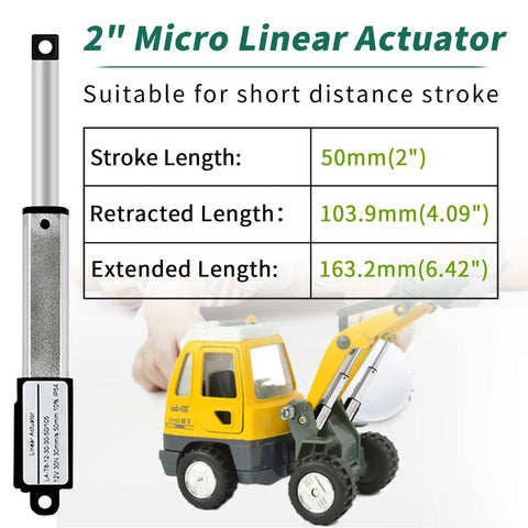 Tiny 2 Inch Stroke 12V DC Linear Actuator With Controller Kit 64N shown with dimensions and a model construction vehicle