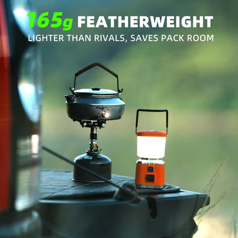 Hella Bright 1000 Lumen Rechargeable LED Camping Lantern With Four Light Modes, Magnetic Base on a camping site table.