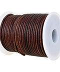 Genuine Round Leather String Cord One Point Five Mm Long Distressed Antique Brown Soft And Tough Water Resistant Twine on a spool.