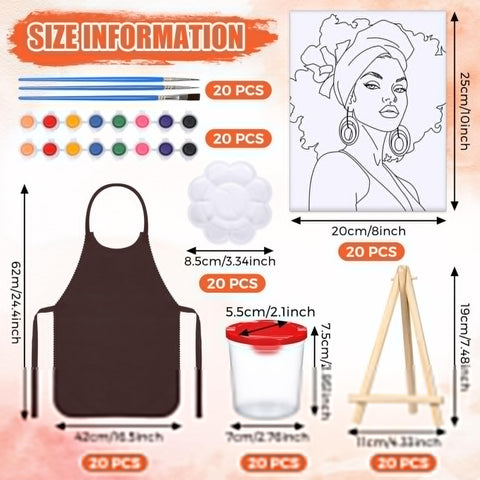 Pre Drawn Canvas Art Kit For Adults Includes 20 Canvases 20 Aprons 20 Palettes And 20 Paints Perfect For Sip And Paint Parties Virtual DIY Birthdays Date Night Gift Ideas, featuring kit contents with dimensions.