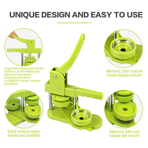 Chill And Craft With This Legit 58Mm Button Maker Machine For Diy Pin Badge Creation Includes A Full 100Pc Supply Set And Easy Circle Cutter For Making Dope Custom Buttons Daily. Ergonomic green handle and stable base for easy use.