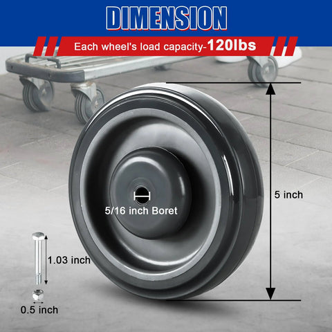 Close-up of 4 Pack 5 Inch TPU Silent Shopping Cart Replacement Wheels Kit with Double Ball Bearings for grocery carts.