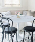 Round Waterproof Table Cover With Elastic Edges Fitted Vinyl Tablecloth Clear For 45 To 56 Inch Round Tables Stays Put No Clips Needed Windproof And Spill Resistant Table Protector For Any Event over white round table with black chairs in dining room