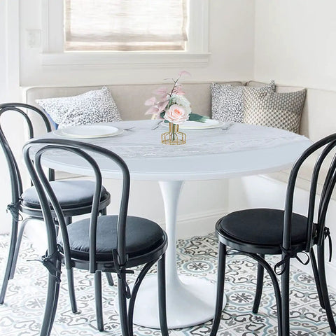 Round Waterproof Table Cover With Elastic Edges Fitted Vinyl Tablecloth Clear For 45 To 56 Inch Round Tables Stays Put No Clips Needed Windproof And Spill Resistant Table Protector For Any Event over white round table with black chairs in dining room