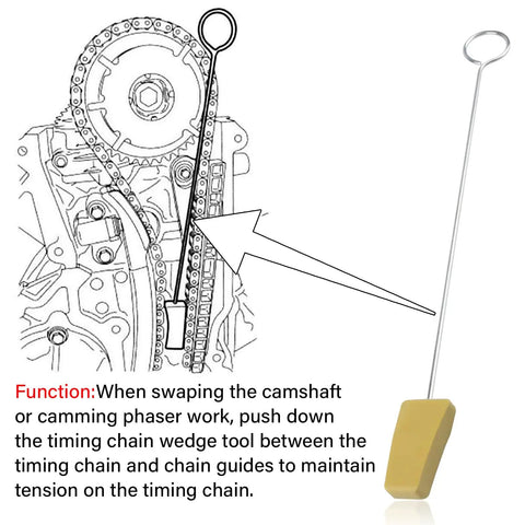 Illustration of Timing Chain Locking Wedge Tool For Ford Lincoln Mercury 2005-2014 4.6L And 5.4L 3V Engines in use