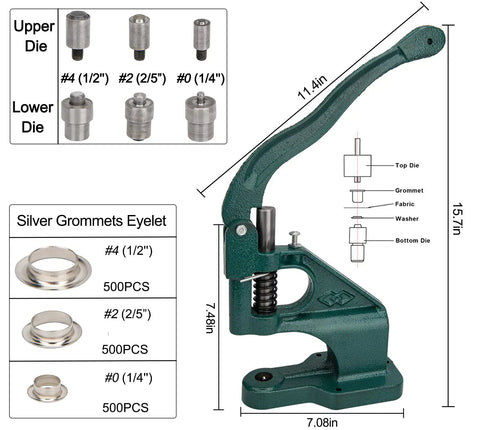 Heavy Duty Hand Press Grommet Machine With Three Dies For Eyelets Cast Iron Construction Beast Level Punch Tool side view