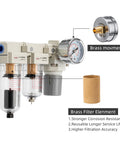 Air Pressure Regulator 1/4 NPT With Double Air Filter Water Separator And Dryer Auto Drain Plus Manual Drain 0-150 PSI, brass filter components.