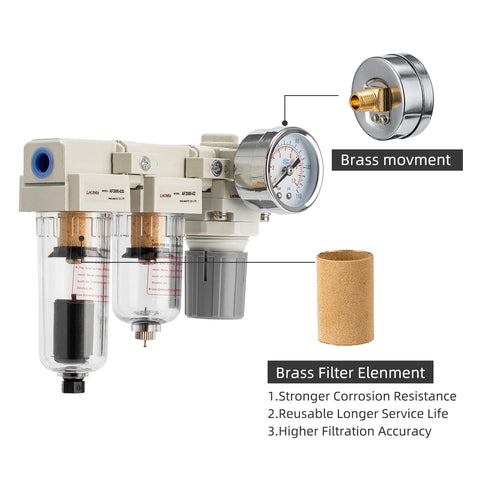 Air Pressure Regulator 1/4 NPT With Double Air Filter Water Separator And Dryer Auto Drain Plus Manual Drain 0-150 PSI, brass filter components.
