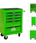 Heavy Duty Rolling Tool Cart Featuring Locking Casters and Smooth Ball Bearing Drawer Slides for Garage Organization or Mechanic Workshop Storage Slick Green Steel Build Hella Tough for Daily Jobs, 5-drawer design.