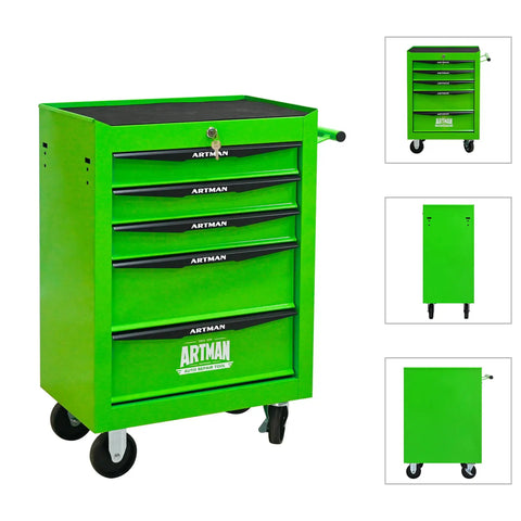 Heavy Duty Rolling Tool Cart Featuring Locking Casters and Smooth Ball Bearing Drawer Slides for Garage Organization or Mechanic Workshop Storage Slick Green Steel Build Hella Tough for Daily Jobs, 5-drawer design.